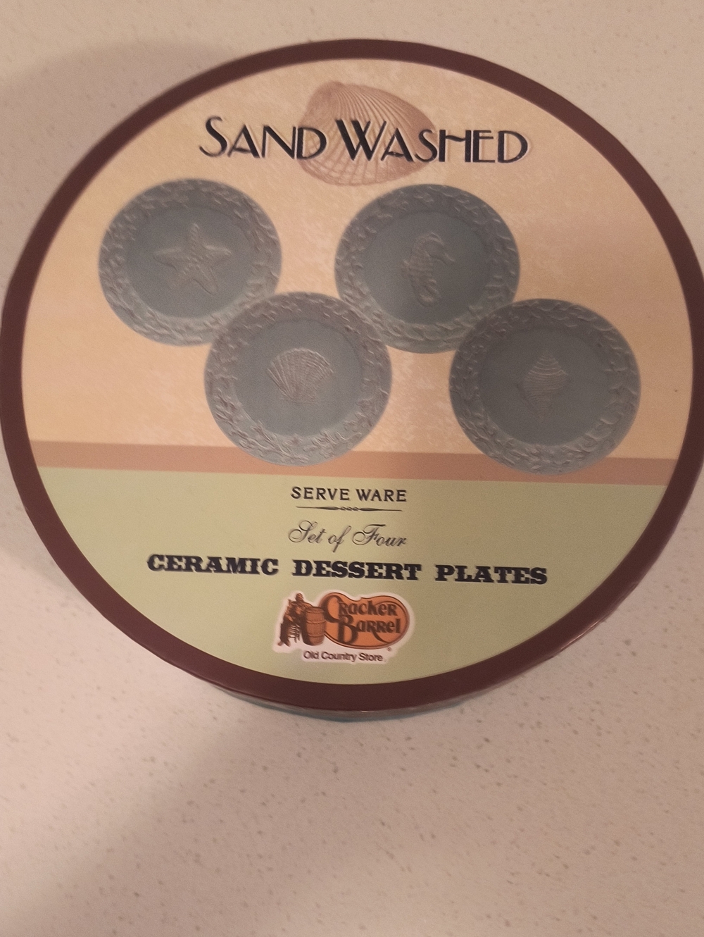 Cracker Barrel Sand Washed Blue and Cream Ceramic Dessert Plates - Set of Four